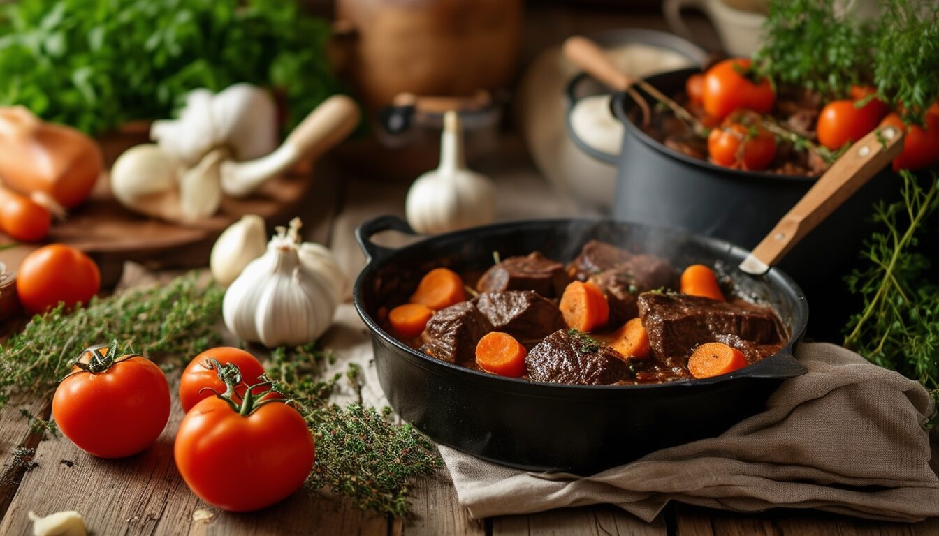 découvrez la recette authentique du boeuf bourguignon, un plat traditionnel français savoureux, préparé avec amour et des ingrédients de qualité. suivez nos étapes simples pour réaliser ce classique de la cuisine bourguignonne qui ravira vos convives. bon appétit!